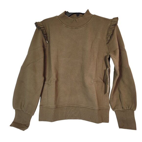 Goodthreads Women Heritage Fleece Long Sleeve Ruffle Shoulder Sweatshirt Olive M - Picture 1 of 11